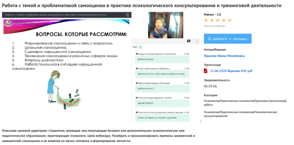[УИПКиП] Вебинар Работа с темой и проблематикой самооценки в практике психологического консультирования и тренинговой деятельности (Ирина Жданова)
